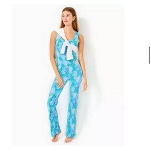 Lilly Pulitzer Blue and White Tie-Dye Jumpsuit with Relaxed Silhouette
